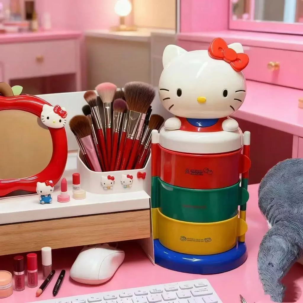 Hello Kitty Organizer Box Kawaii Rotating Storage Box Makeup Holder Three Layer Desktop Organizer Home Decoration
