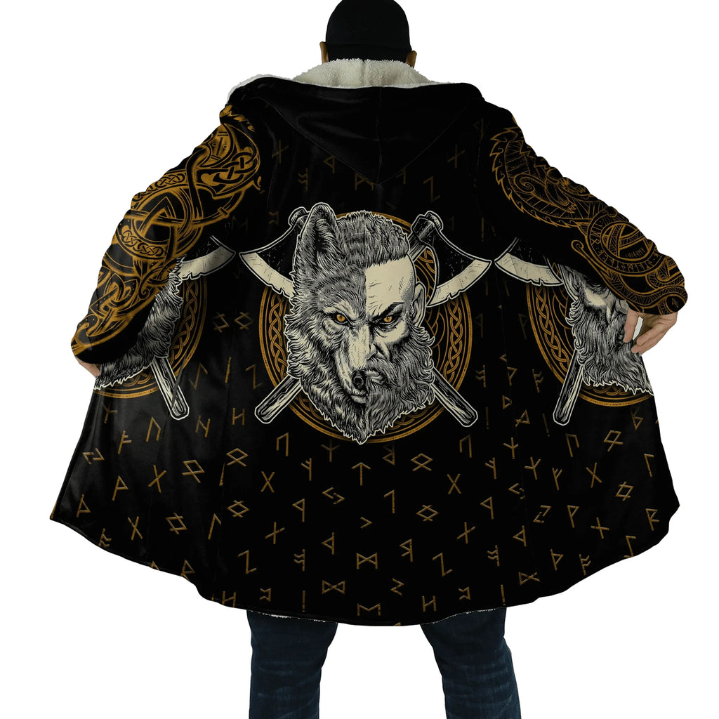 Winter Fashion Mens cloak Norse Odin Raven Tattoo 3D Printed Thick Fleece Hooded Coat Unisex Casual Warm Cape coat DP23
