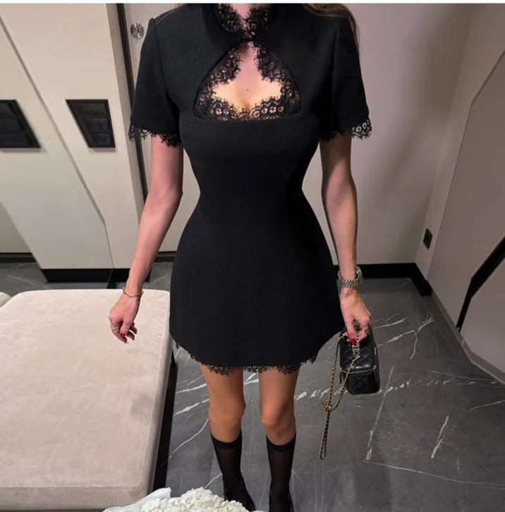 Sexy Lace Patchwork Dress Women Hollow Out O-neck Short Sleeve Black Slim Short Dresses 2026 Spring Summer Party Club Robes Lady