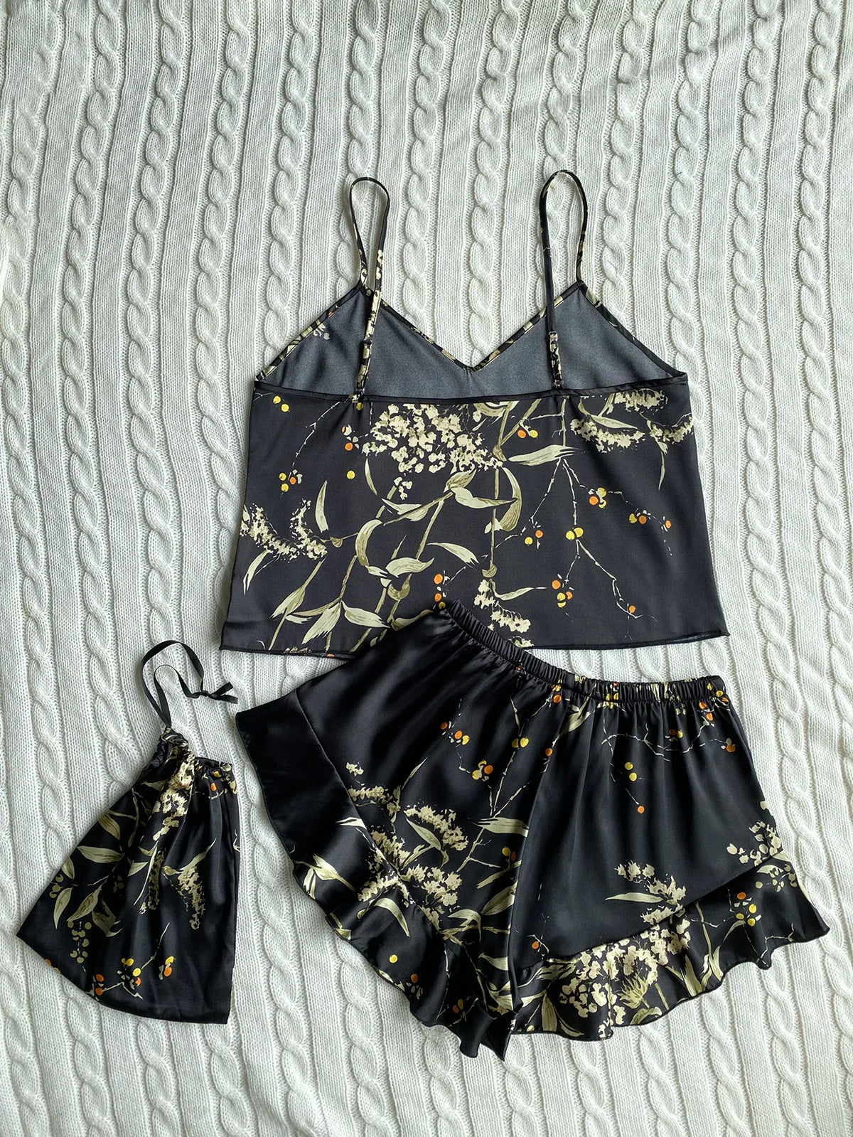 Summer Elegant  Print Cami Tops Ruffle Hem Shorts Pajama Set  Women's Sleepwear V Neck Strap Loungewear