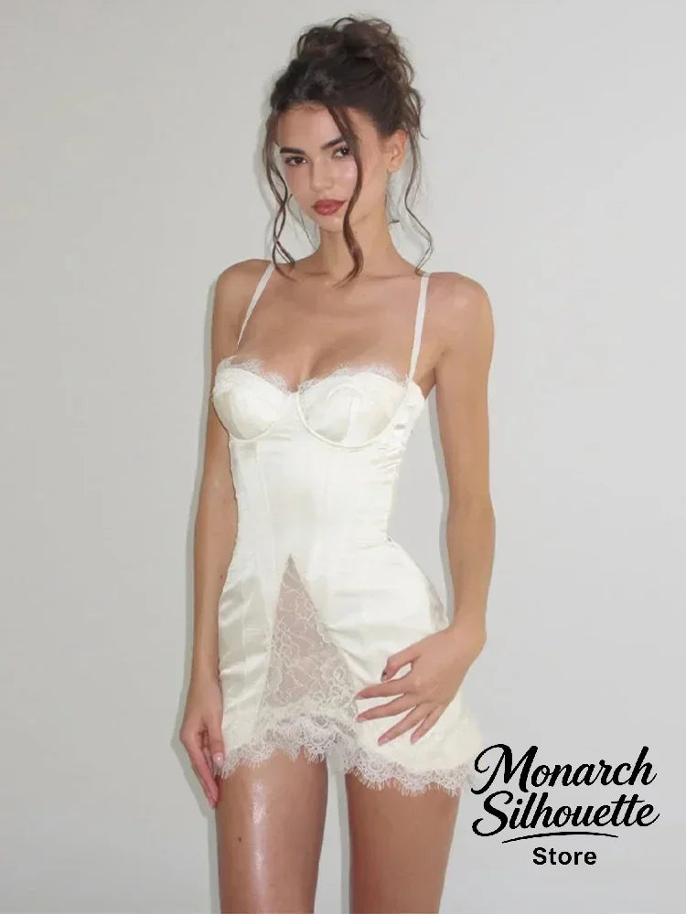 Solid Satin Lace Corset Mini Dress Women Sexy Spaghetti Strap Sheer Panel Slim Fit Short Dresses 2026 Trendy Lady Night Out Wear