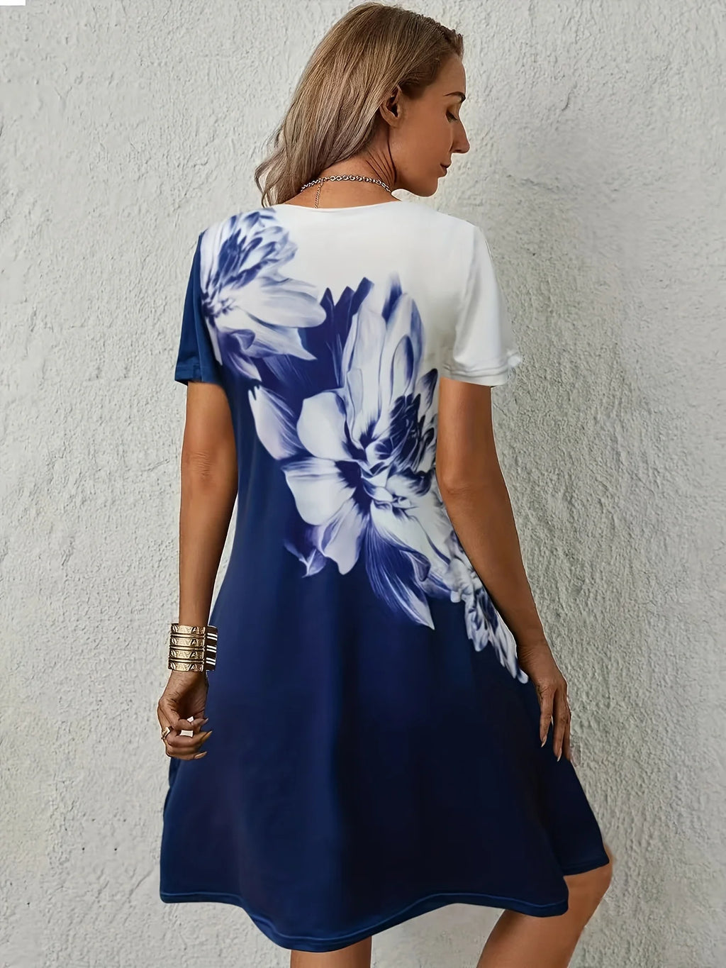Women Floral Print Dress Wavy V Neck Short Sleeve Casual Summer Party Dresses Ladies Loose Tunic Dress