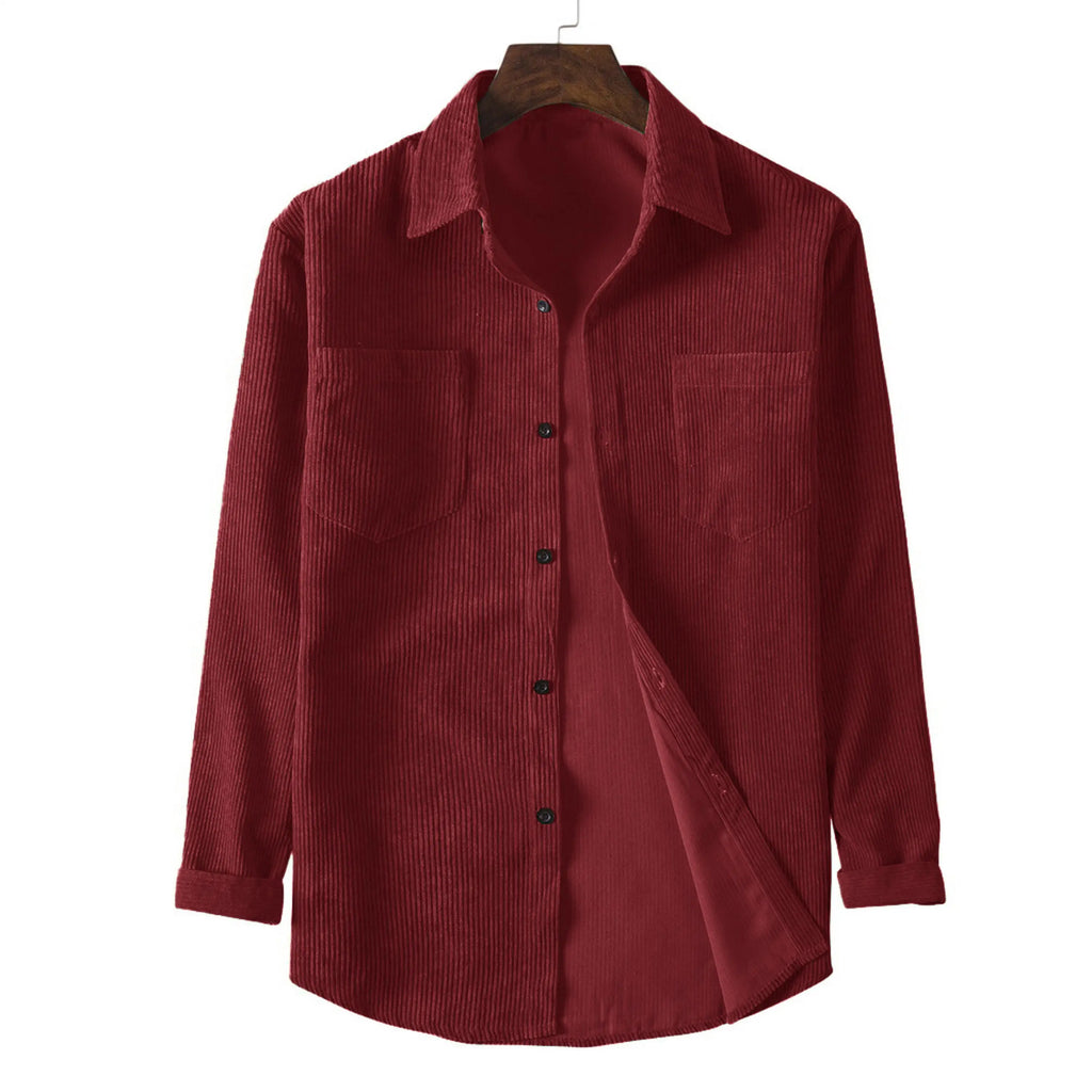 New spring and autumn men's corduroy long-sleeved double-pocket solid color casual men's top button lapel fashion