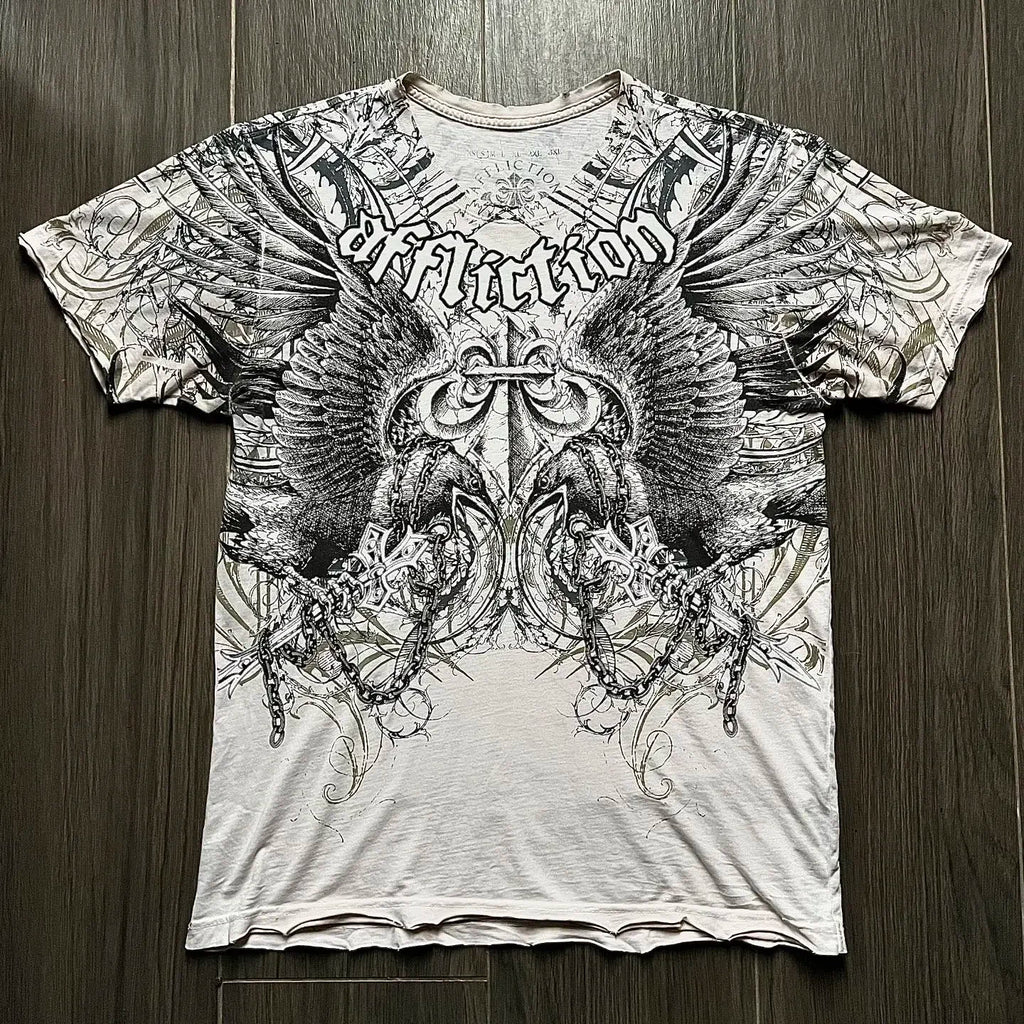 Affliction New Men Polo shirt Skull Graphic Harajuku Round Neck Oversized T Shirt Short Sleeve Tops Gothic Clothing Street Wear
