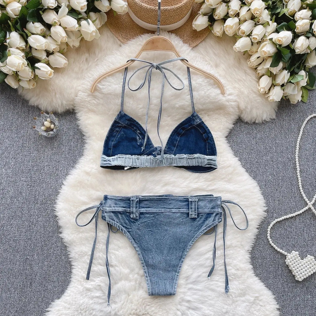 Retro Women Bikini Denim Suits Summer Halter Camis Mini Short Pant Fashion Vacation Suits Sexy Comfortable