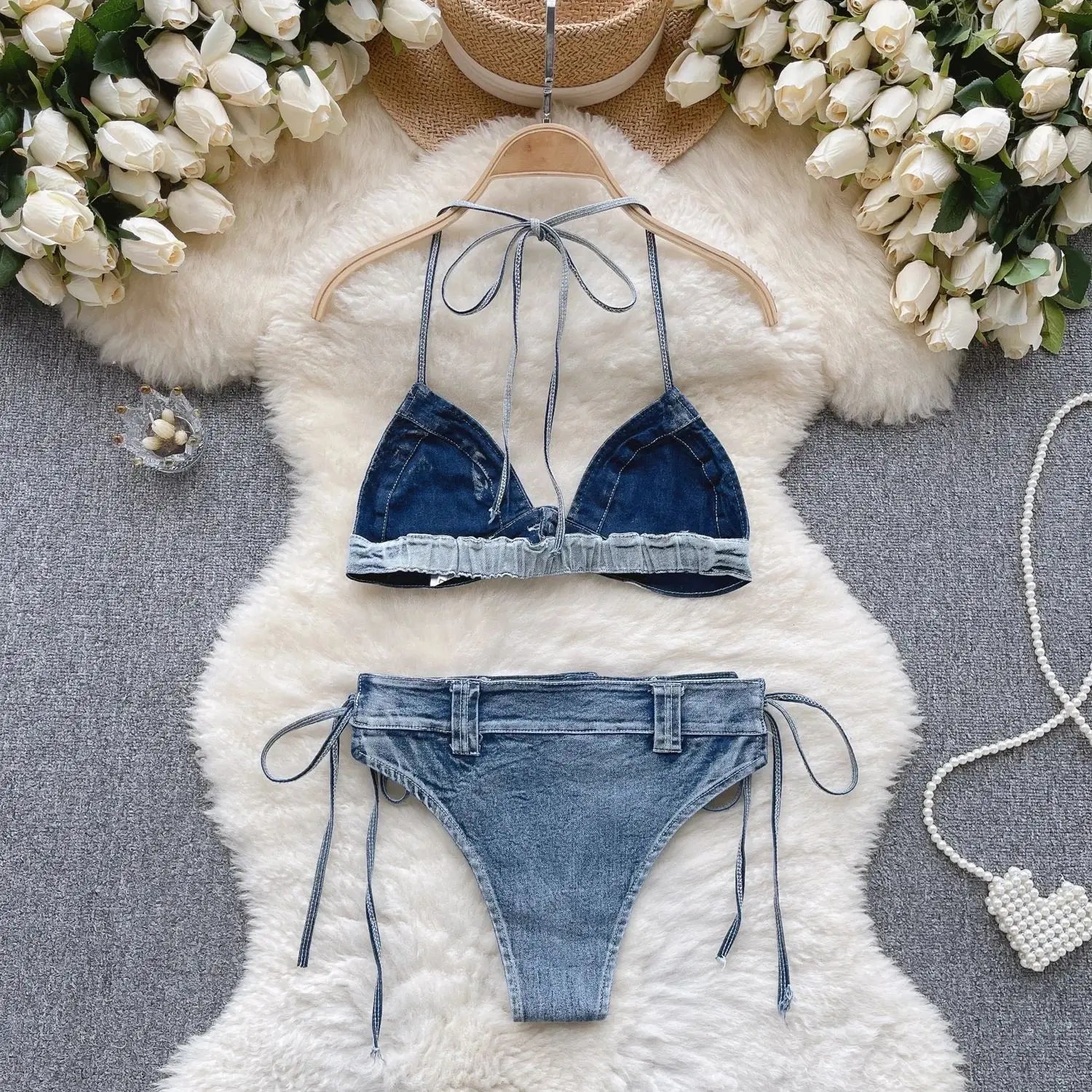 Retro Women Bikini Denim Suits Summer Halter Camis Mini Short Pant Fashion Vacation Suits Sexy Comfortable