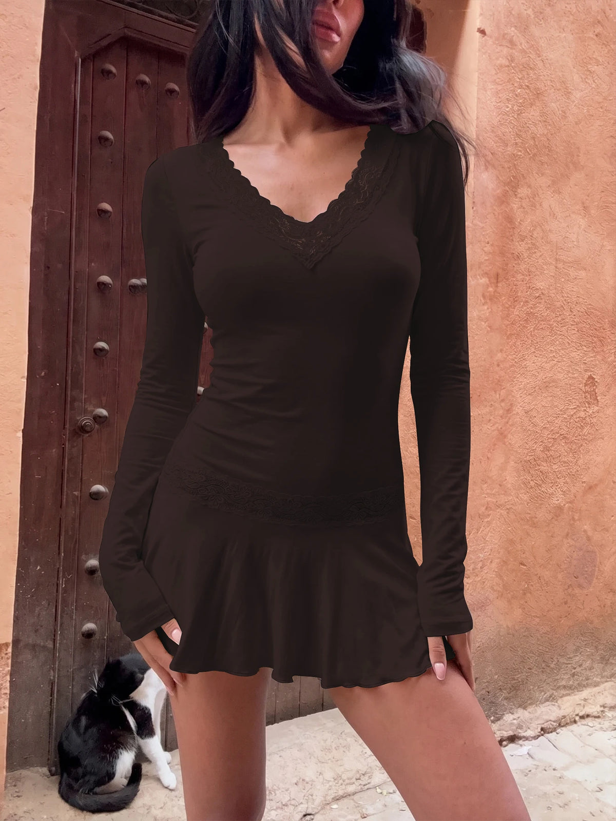 Dulzura V-Neck Long Sleeve Slim Fit Lace Patchwork Mini Dress Women'S Solid Sexy Elegant Dress Party Office Street Autumn Outfit