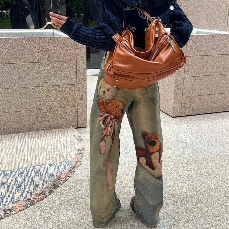 KUCLUT 2025 Autumn Winter Fashion Niche Design Print Contrast Color Loose Jeans For Women Straight Wide-leg Denim Pant 1A1517