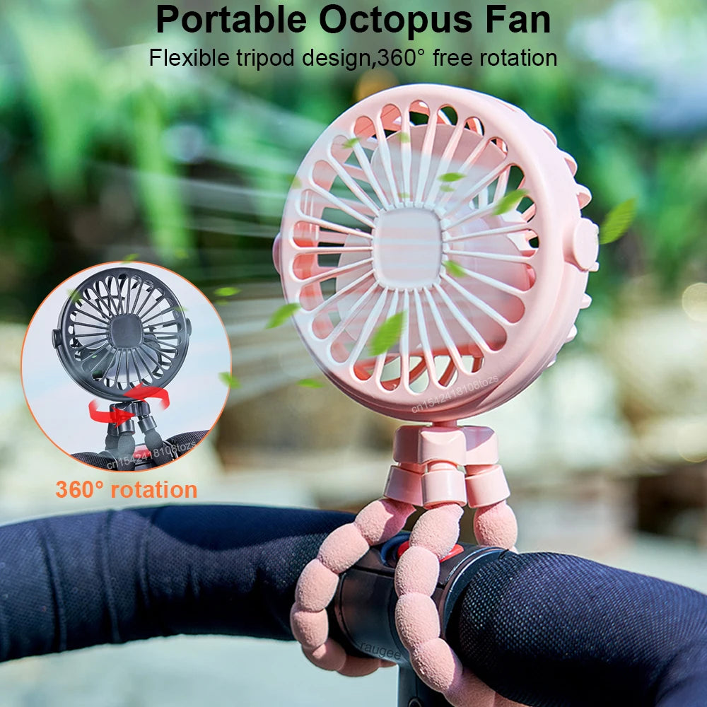 Baby Stroller Fan Folding Portable Octopus Mini Fan USB Rechargeable 3 Speed HandHeld Small Fan Flexible Tripod for Baby Outdoor