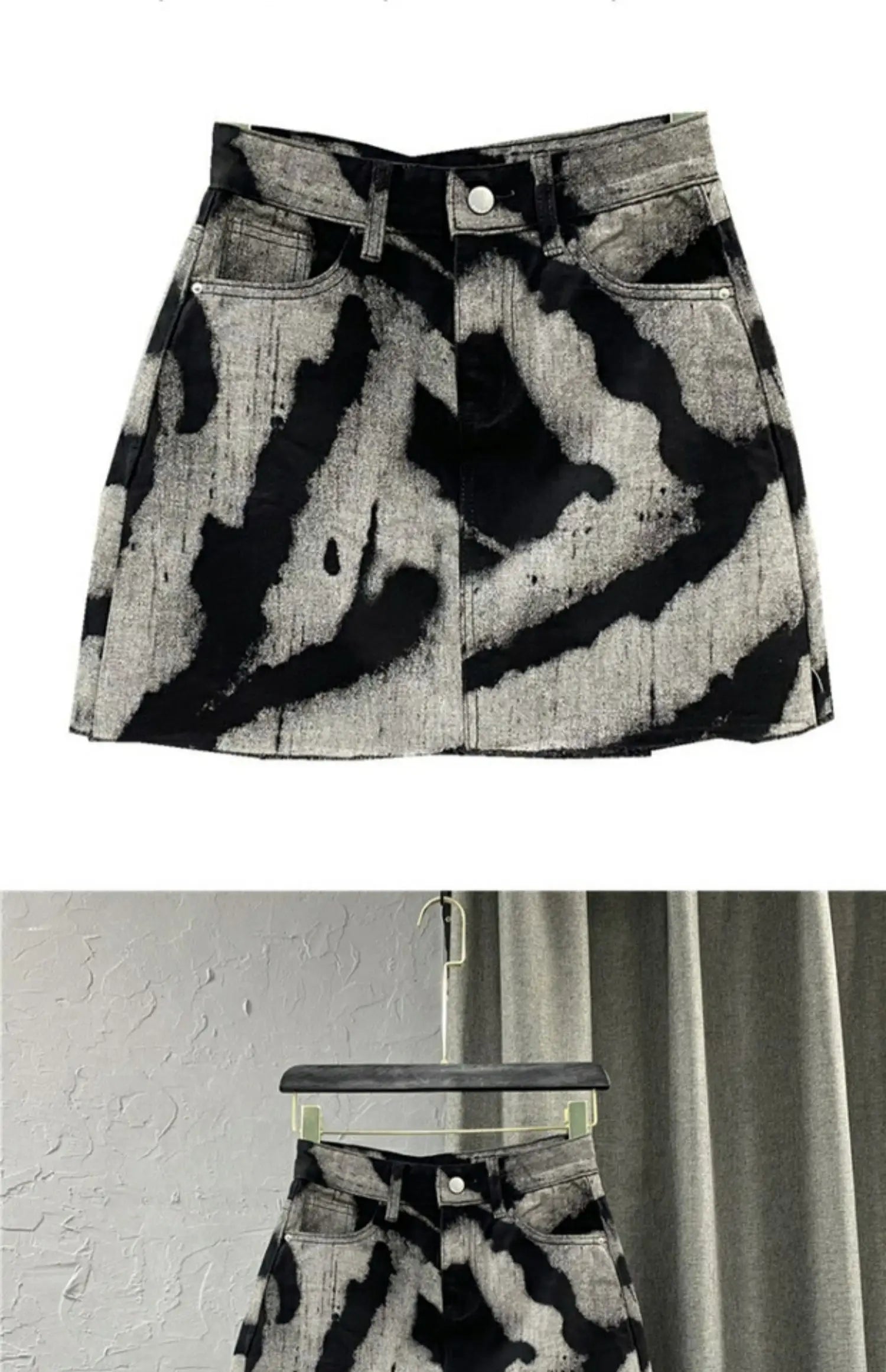 Black Gray Tie Dye Denim Short Skirt High Waist Personalized Pattern Denim Skirt Fringed A-line Skirt Fashion Versatile Skirt