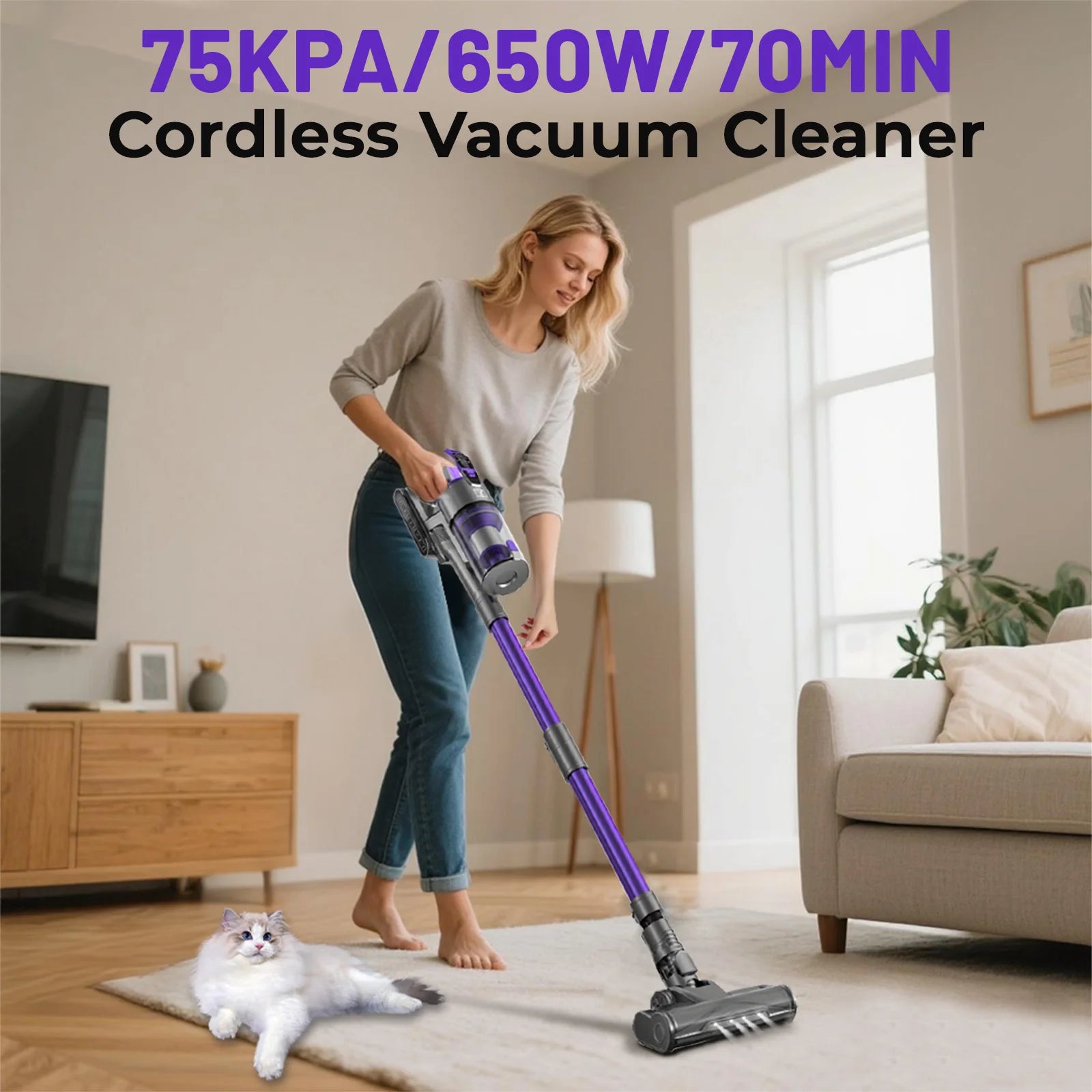 Yanhama 650W 75000PA Powerful Cordless Vacuum Cleaner, Handheld Self-Standing Vacuum 70 Mins Runtime for Floor Carpet Pet Hair