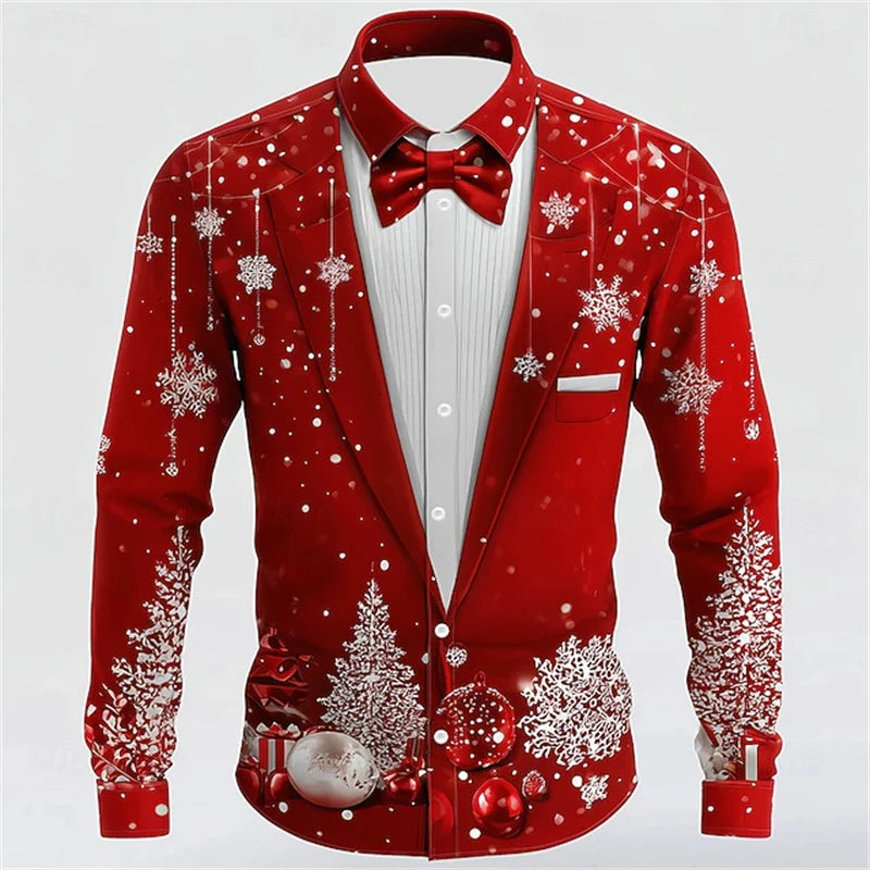 Red Christmas Shirts For Man Snowflake Bow Tie Christmas Shirt Long Sleeve Fashion Holiday Gift Shirt Oversized Mens Clothing
