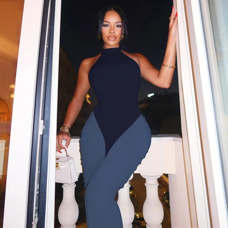 BOOFEENAA Patchwork Halter Backless Maxi Dress for Dinner Evening Gown Sexy Elegant Party Dresses for Woman Fall 2025 C15-CH41