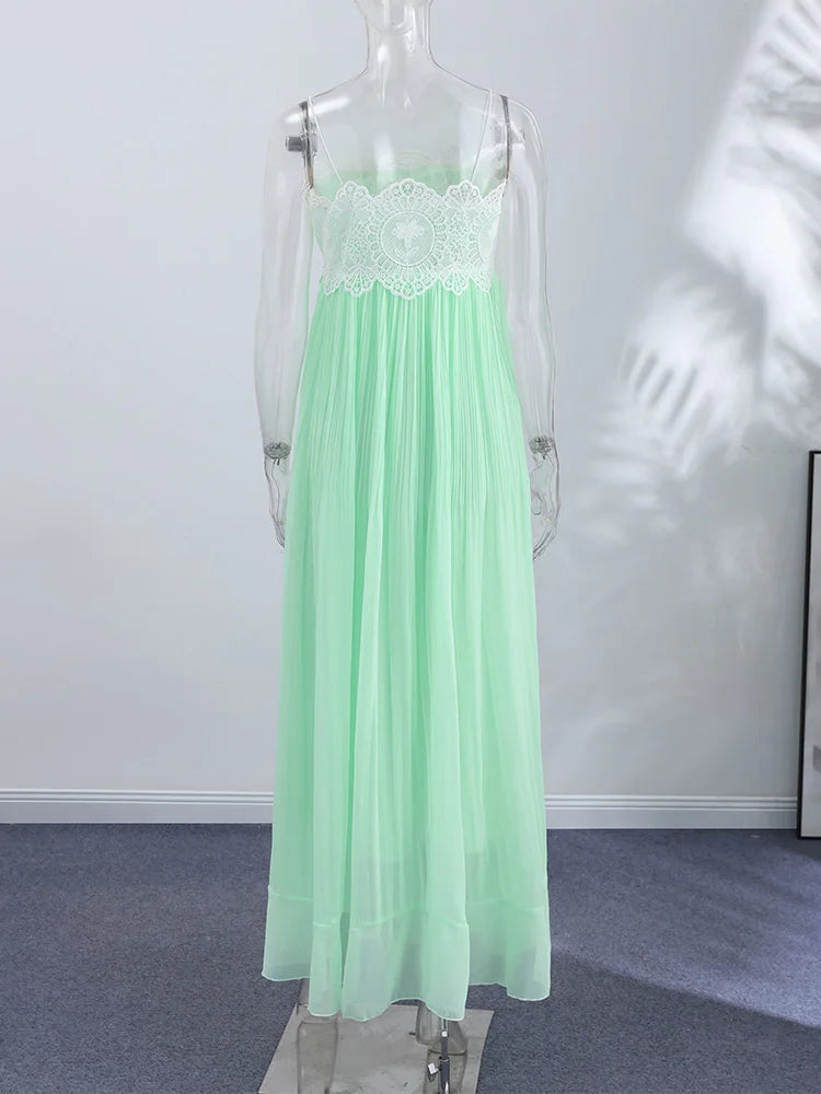 Lace Patchwork Pleated Slip Long Dress Women Sexy Spaghetti Strap Sleeveless Backless Loose Evening Dresses Chic Ladies Vestidos