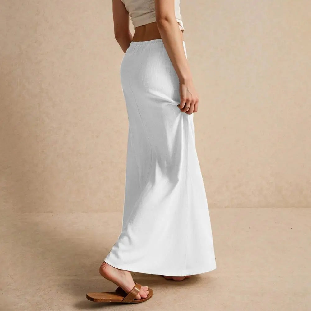 Summer Women Maxi Skirt Mid-rise A-Line Drawstring Solid Color Long Lady Skirt Work Leisure Daily Wear