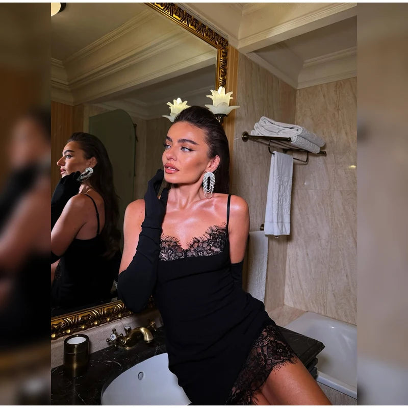 Black Lace Trim See Through Sling Dress Women Waist Cinched Slim Fit Sleeveless Vestidos 2026 Lady Daily Party Short Gowns