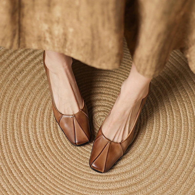 NEW Spring/Autumn Women Pumps Genuine Leather Shoes for Women Square Toe Thin Heel Shoes Concise Shallow High Heel Pleated Shoes