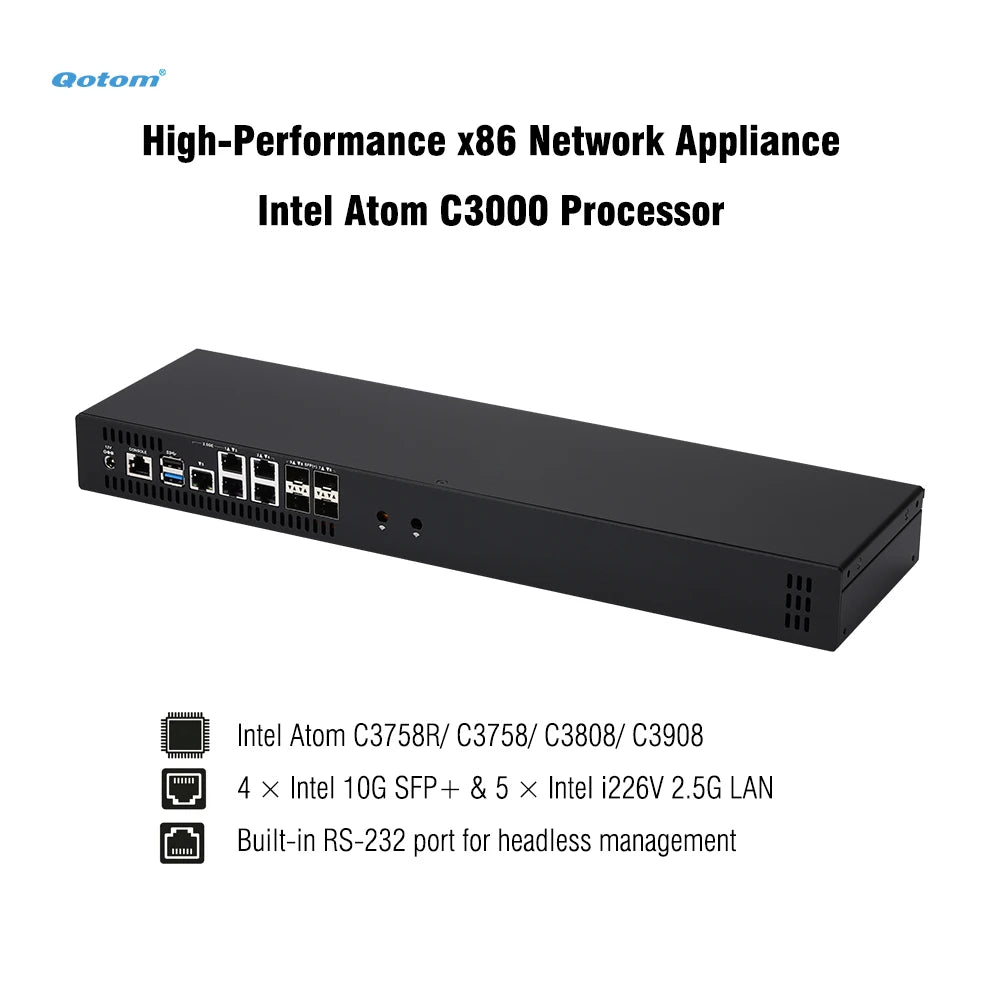 Mini PC Q20300G9 CPU Atom C3000, 4x 10G SFP+, 5x 2.5G LAN, Barebone Support 2x DDR4 RAM, 2x NVMe SSD, 2x HDD, Firewall Router