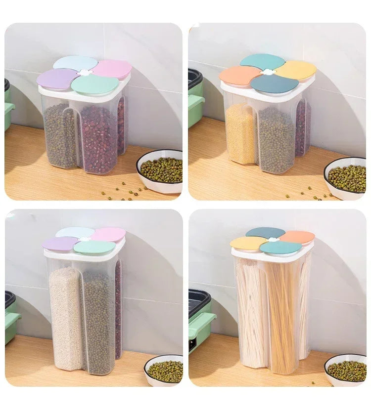 4 Grids Cereals Sealed Jar Kitchen Cereals Storage Box Plastic Food Container Moisture-proof Grain Tank Spaghetti Keep Fresh Box