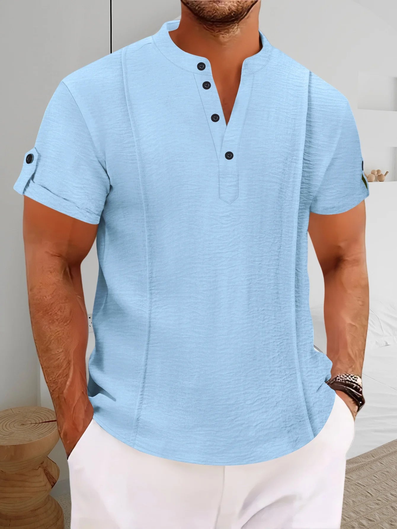 2025 Summer Blockbuster Fashion Shirt Men's Short Sleeve Button Pleats Solid Color V-Neck Casual Outdoor Comfort Henry Shirt