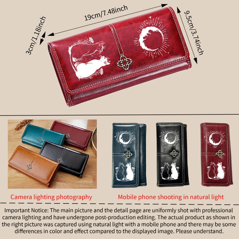 Gothic Moon Black White Cat Leather Wallet Luxury Long Purses for Cards Holder Wallets with Zip Coin Pocket Ladies Handbags