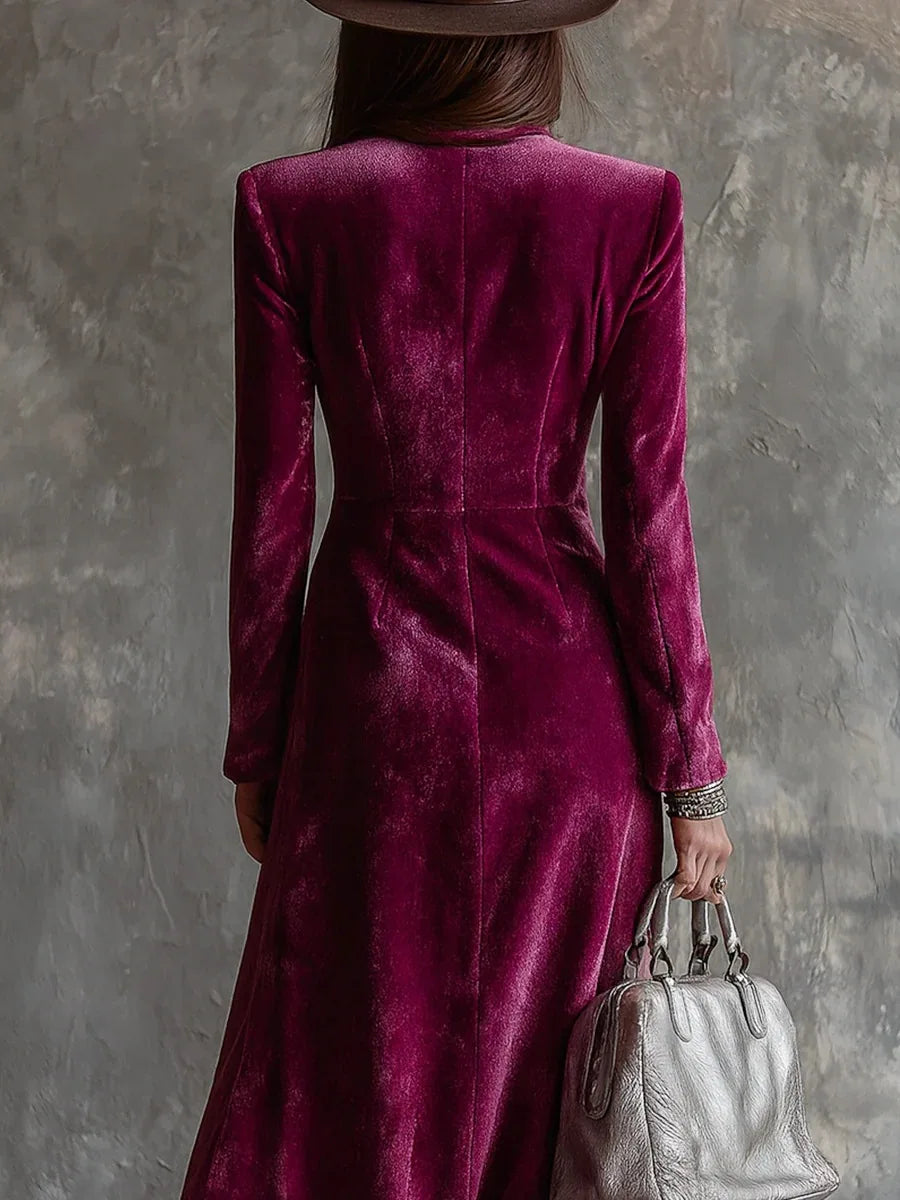 Velvet Double Breasted Dress for Women's Long Sleeve Lapel Collar Split Hem Elegant Vintage Casual Slim Fall Winter Midi Dress