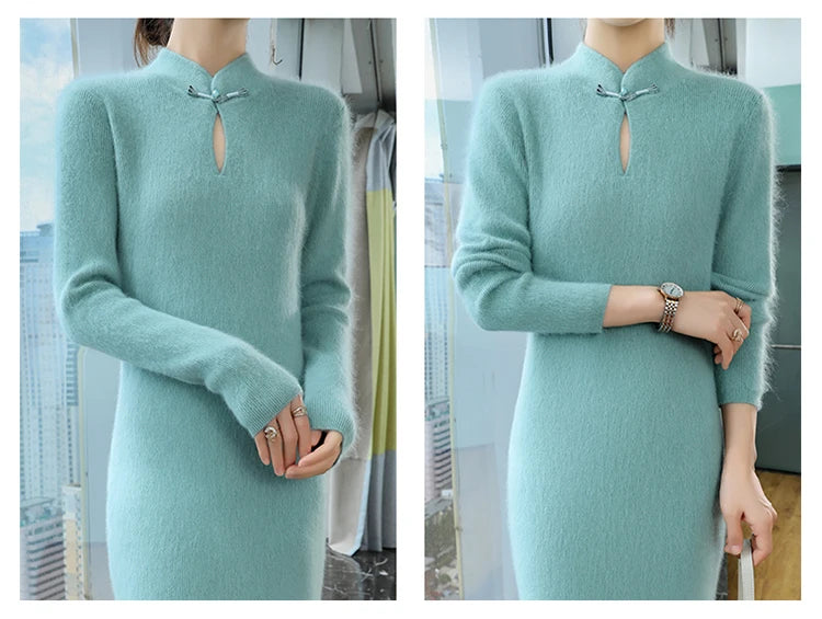 Women' 100%Pure Mink Cashmere Dress Stand-Up Collar Buckle Slim Knit Long Skirt Fashion High Waist Over The Knee Bottoming Dress