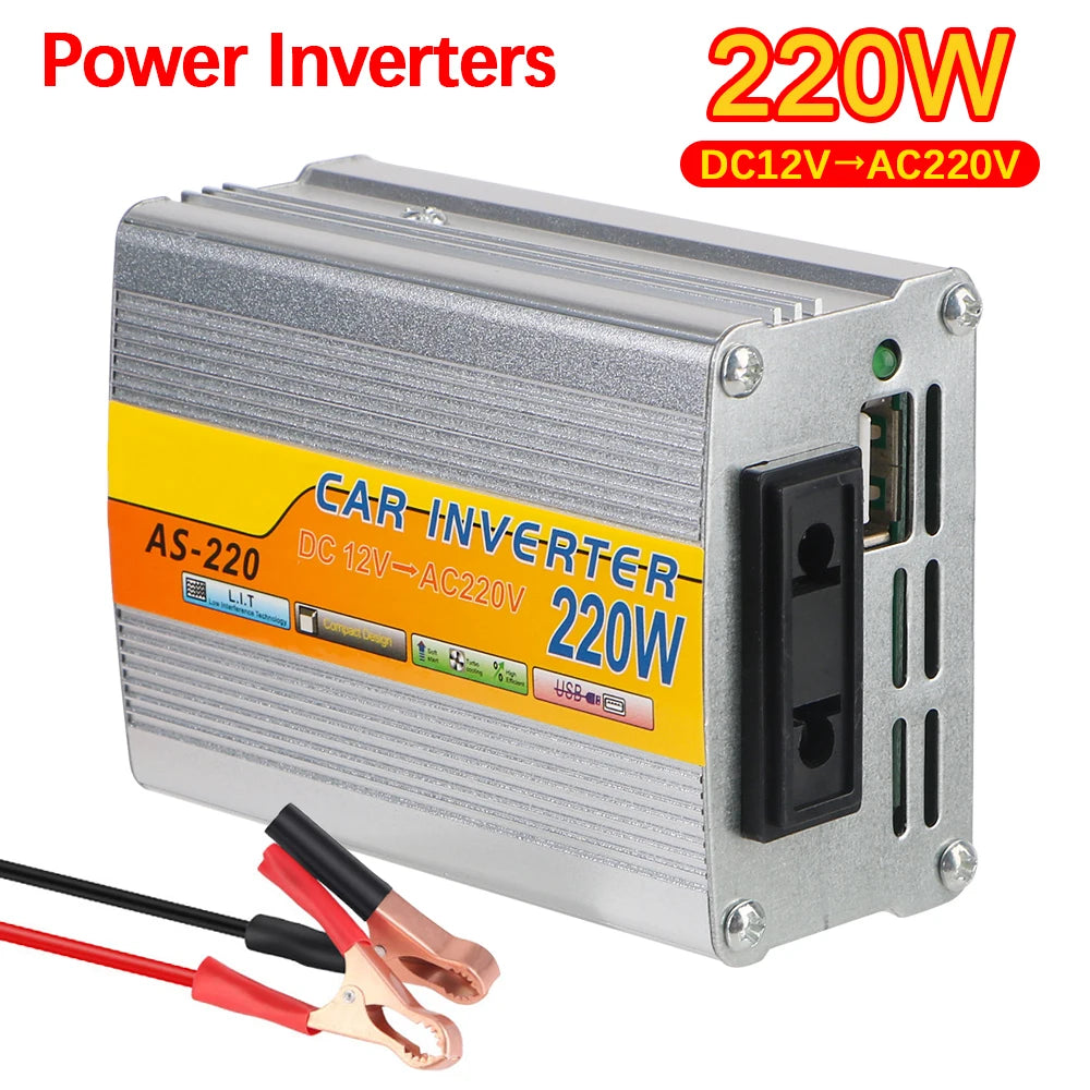 DC 12V To AC 220V 220W Power Inverter Conversion USB Battery Clip Portable USB Voltage Transformer Car Mounted Solar Inverter
