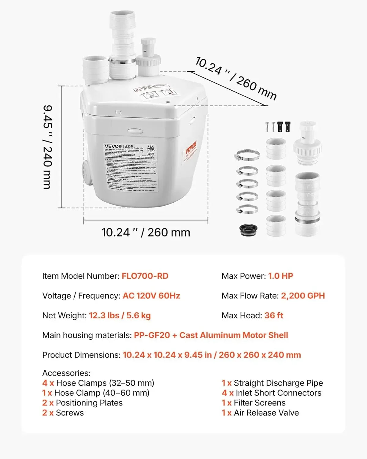 Utility Sink Pump, 1 HP, 2200 GPH Under Sink Pump with 3 Water Inlets 1 Outlet, 36 ft Max Lift, Cast Aluminum Motor
