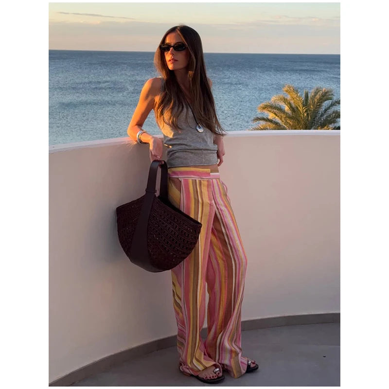 Women‘s Colorful Striped Pant New Summer Straight Multicolor Wide Leg Long Pants Casual Fashion Streetwear Female Outfit 2026