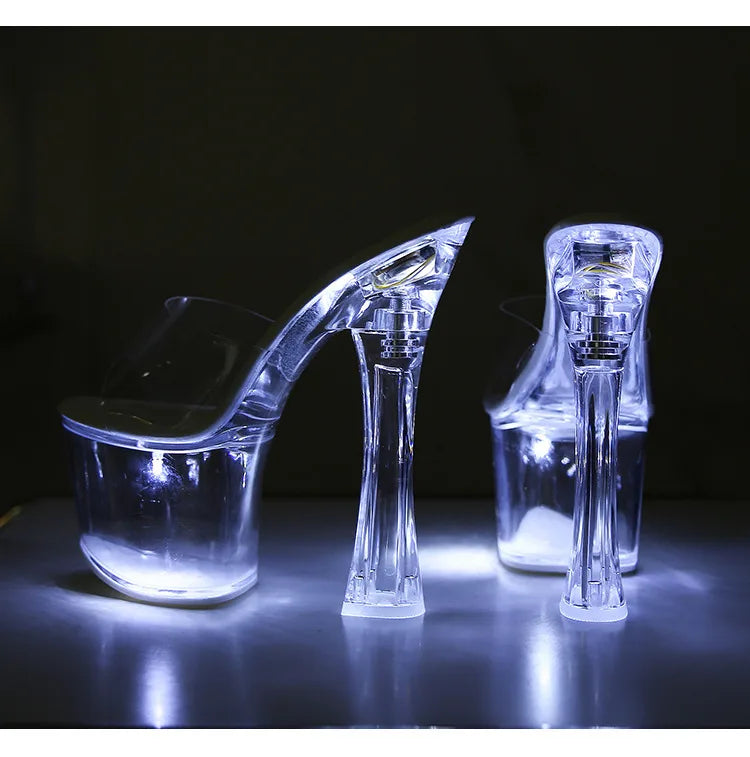 Glowing Crystal High Heels 17cm Nightclub Shoes Sexy Transparent Waterproof Platform Showgirl Stiletto Women's Sandals