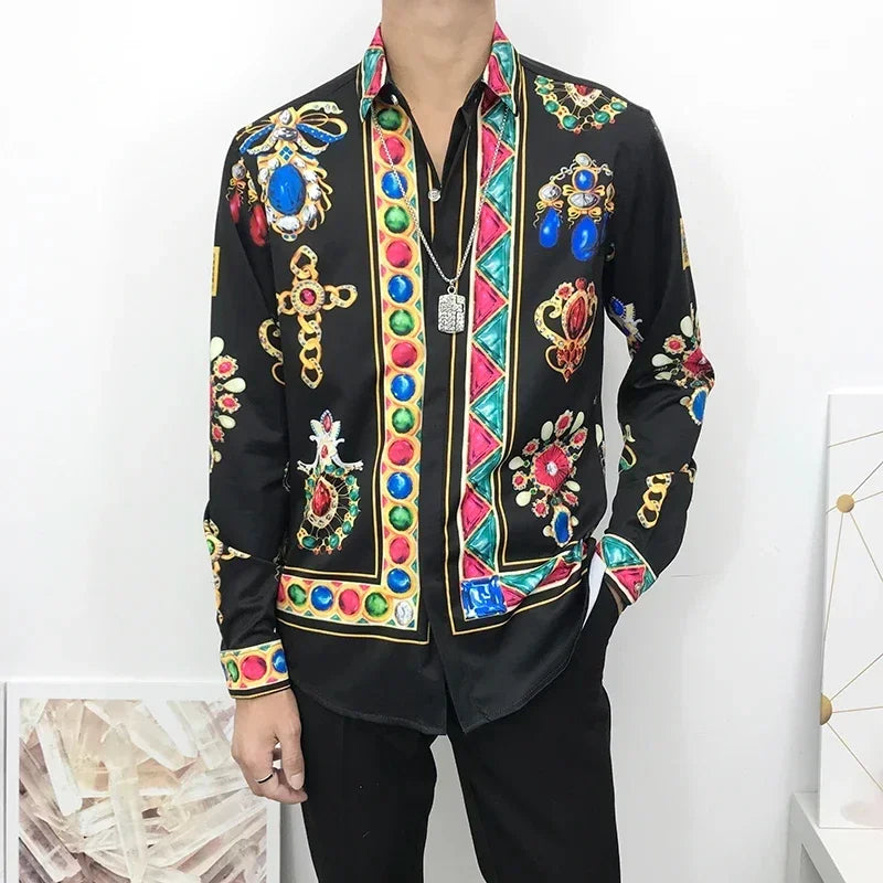 Stylish Baroque Long-sleeved Shirt Neo-retro Pattern Mens Casual Shirt Print Comfortable Breathable Camisas Mangas Largas Hombre