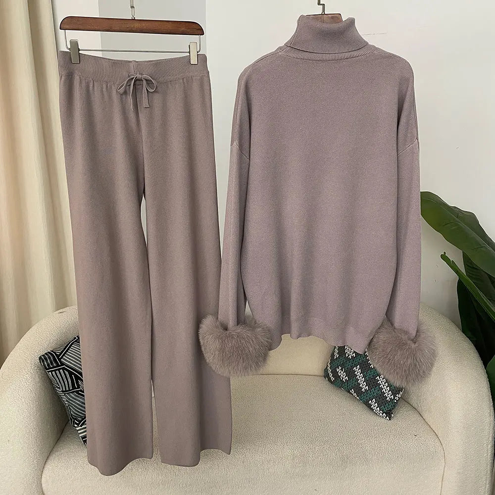 2024 New Fashion Autumn Winter Natural Real Fox Fur Cuffs Coat Knitted Sweater Women Long Pants Set Jacket Thick Warm