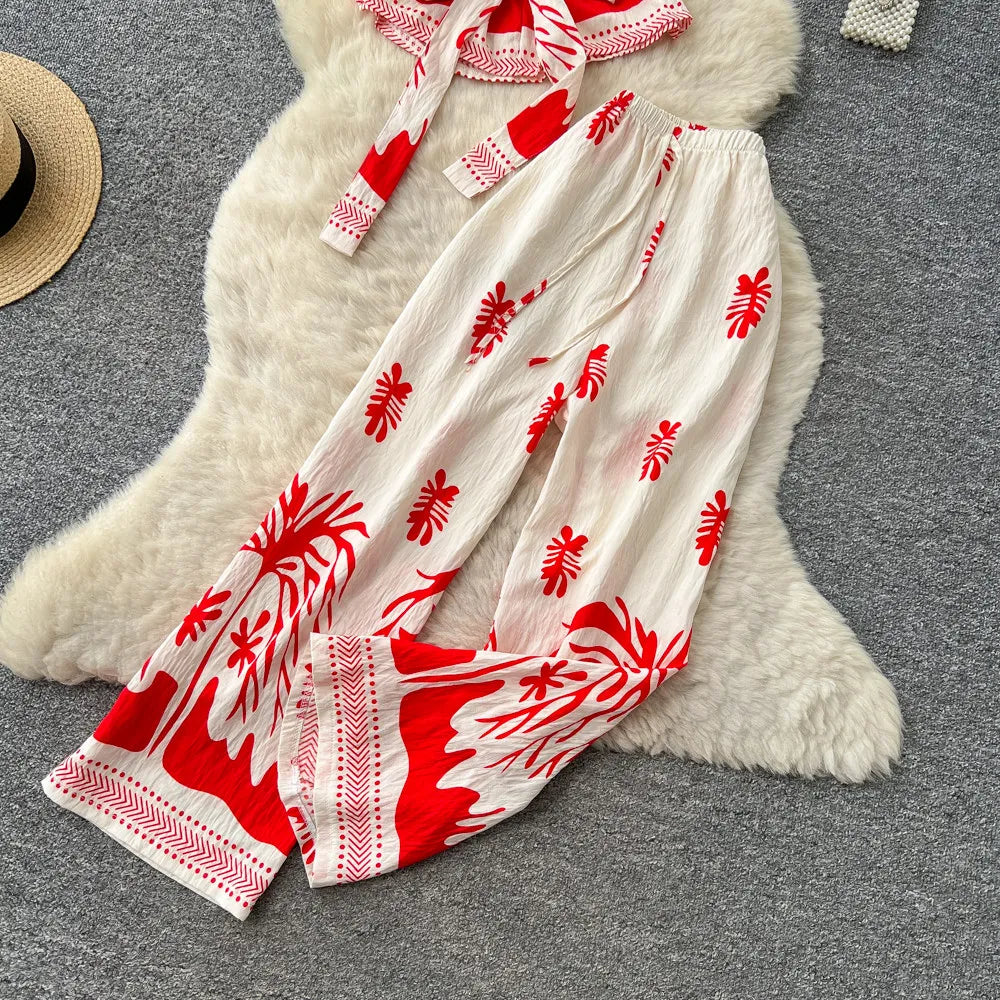SINGREINY Boho Print Vacation Suits Summer 2026 Sleeveless Lace Up Tank Top+Loose Wide Leg Pant Chic Lazy Casual Women 2pcs Sets