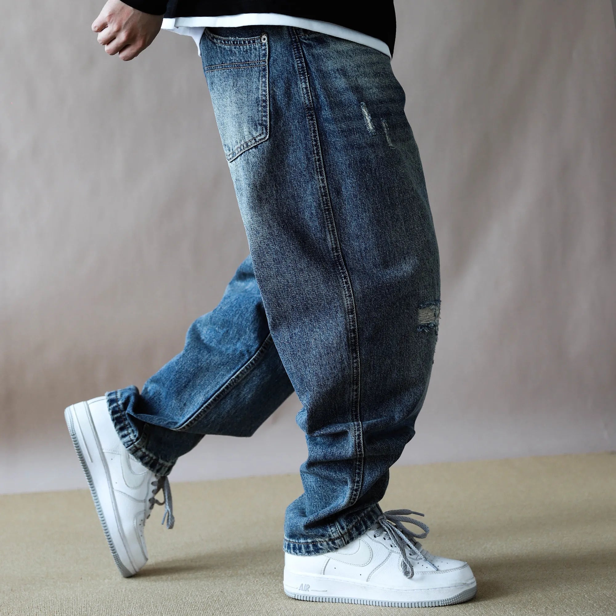 Mens Jeans American Vintage Light Blue Washed Distressed Ripped Patch Baggy Loose Curved Tapered Denim Pants Streetwear Hip Hop