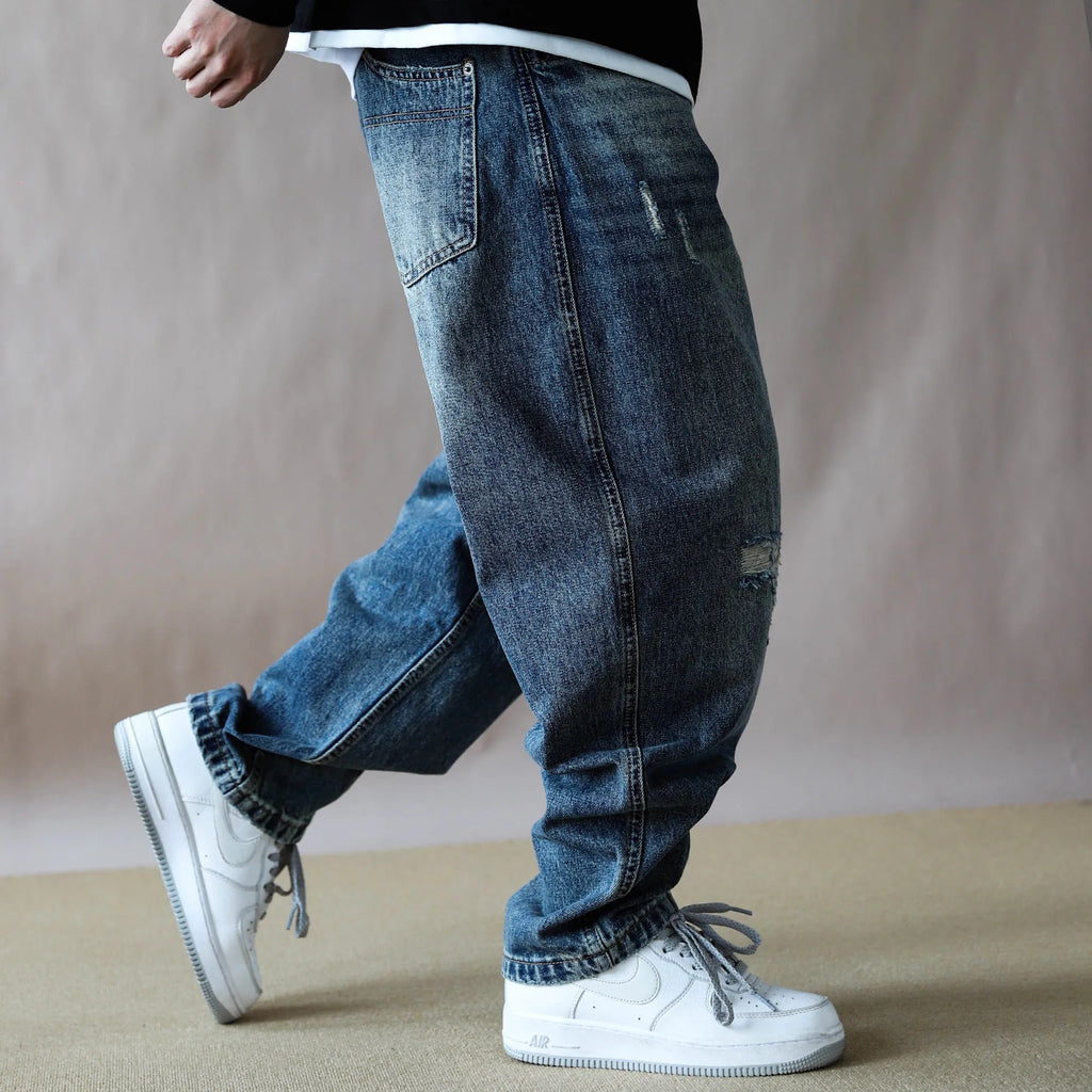 Mens Jeans American Vintage Light Blue Washed Distressed Ripped Patch Baggy Loose Curved Tapered Denim Pants Streetwear Hip Hop