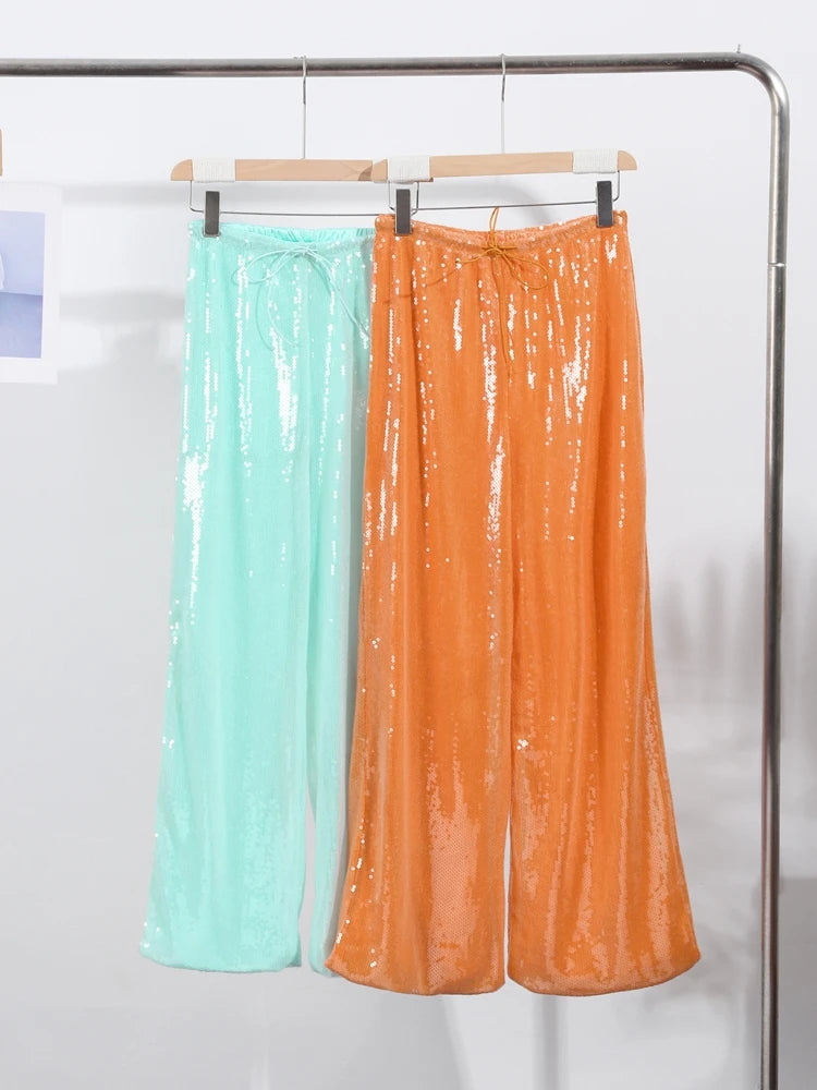 Street Sequin Loose Lace Up Pants Women Elastic Waist Wide Leg Trousers Female 2026 Spring Summer Lady Shiny Party Club Clothes