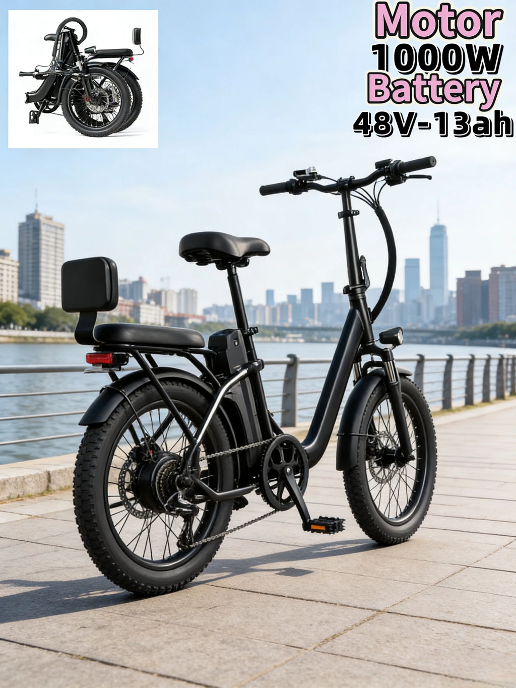 20-inch foldable parent-child riding E-BIKE. 48V13AH removable battery electric scooter, 1000W brushless motor electric bicycle