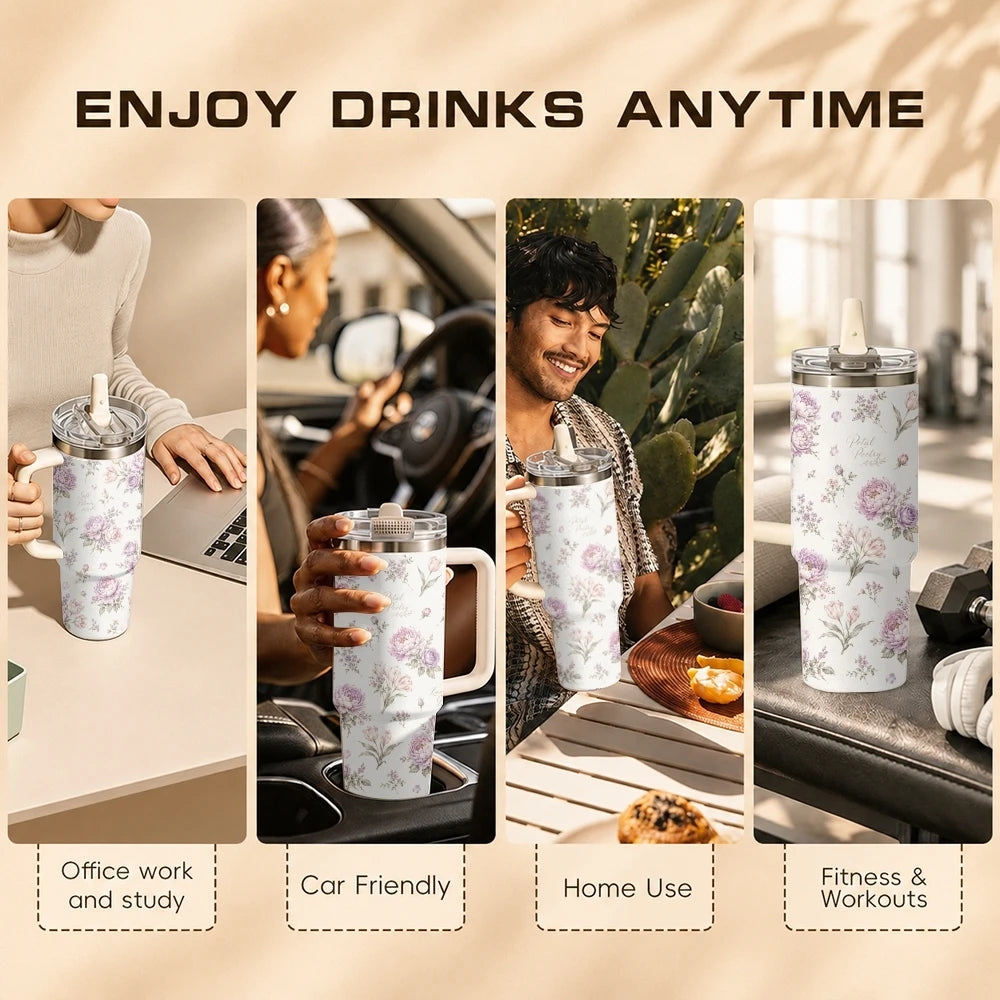 Vintage Floral Style Vacuum Flasks 40oz Stainless Steel Tumbler with Handle Straw Lid Vacuum Insulated Double Wall Leak Proof