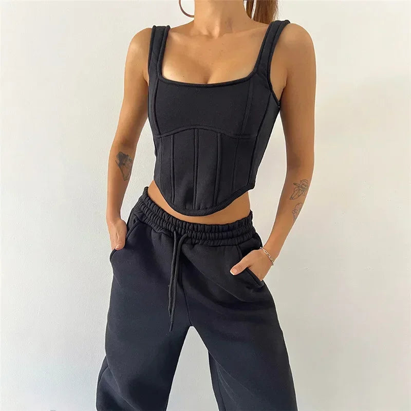 New Lace Up Pants Sets Women Slim Solid Splice Tank Tops Woman Long Sleeve Short Hoodies And Pant Suits Women Outfits Winter