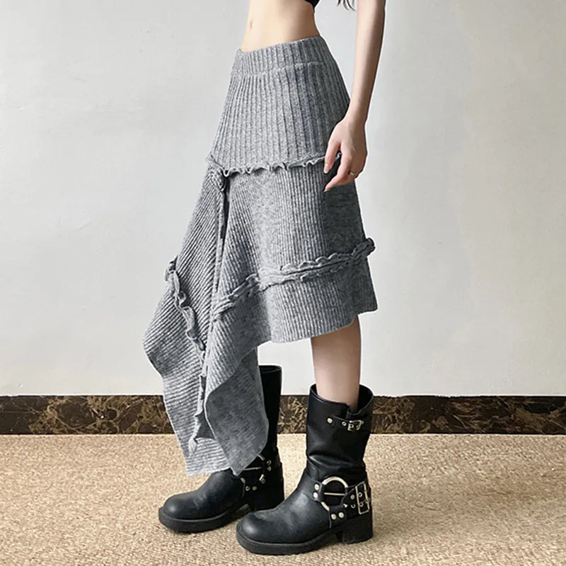 Three-color Floral Irregular Knitted Skirt for Women New Solid Color Wood Earrings Knitted Long Skirt Spring and Autumn