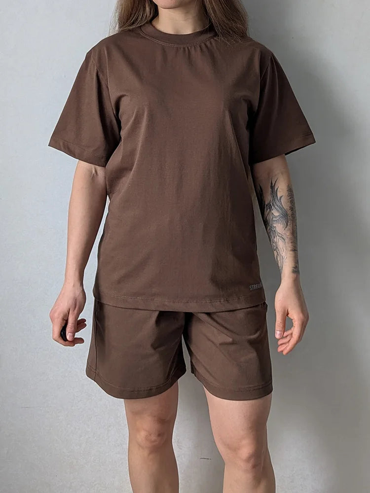 Summer 2 Piece Shorts Set Woman Cotton Brown Oversized T Shirts And Shorts Two Pieces Outfits For Women White Short Sets Pink