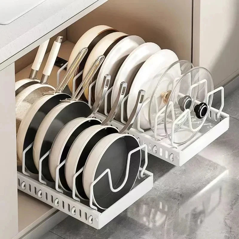Kitchen Cabinet Pull Out Tray Organizer Adjustable Dish Rack Slide Rails Pots Pans Storage Holder