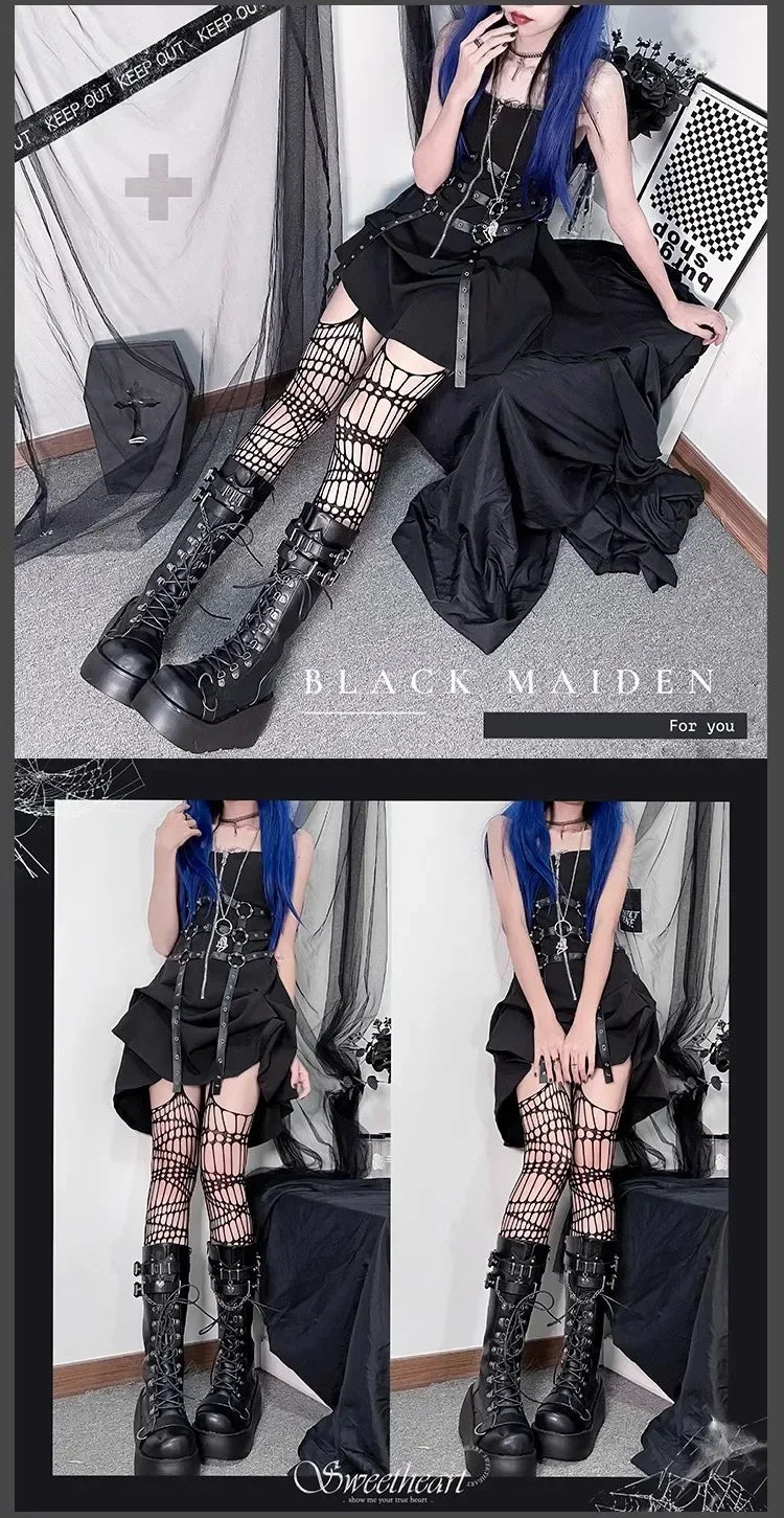 Motorcycle Boots Platform Boots for Women Wedges Knee High Black Lace Up Fashion Goth Gothic Boots Punk Shoes Girls Winter