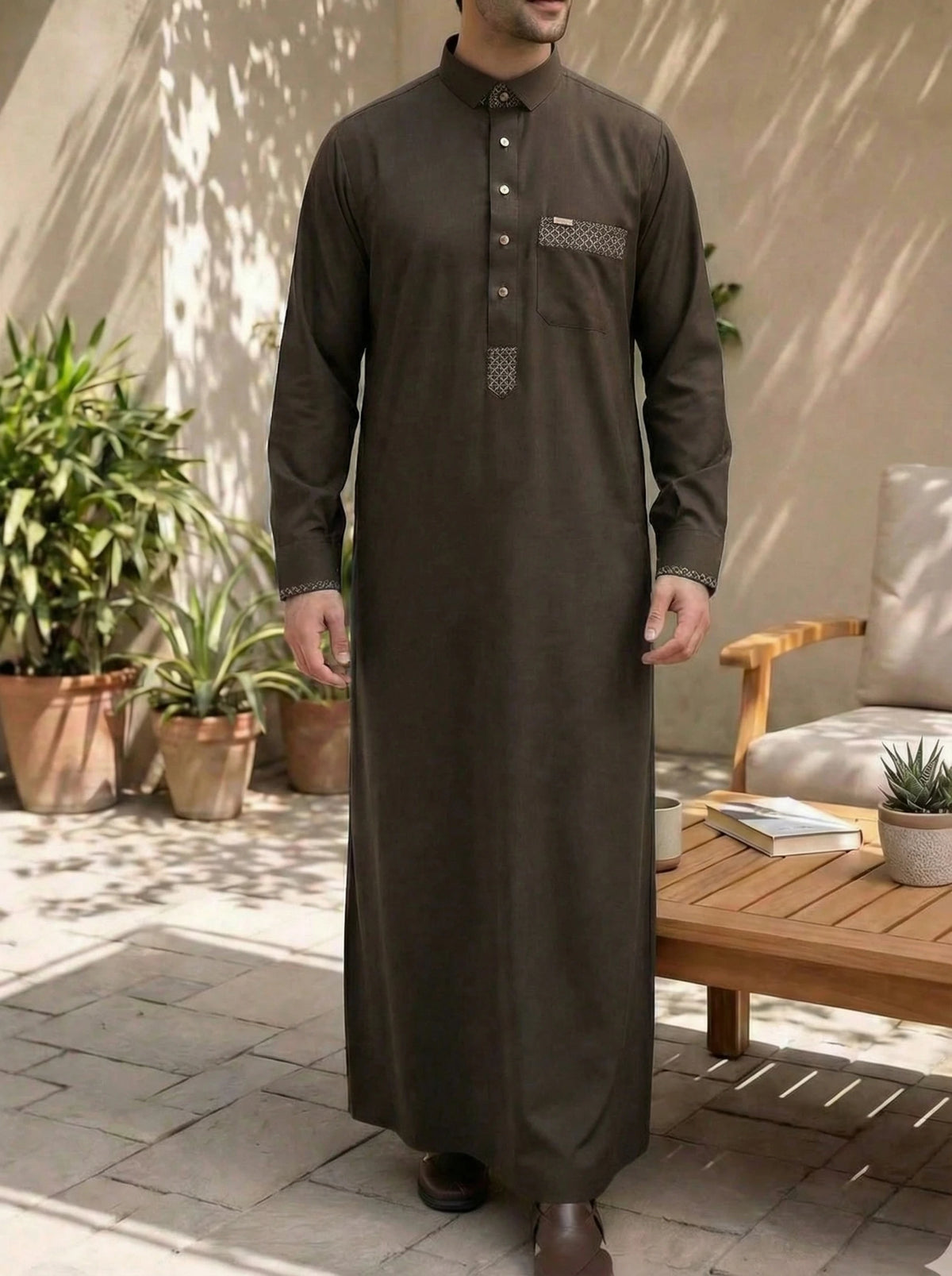 Apricthobe Middle Eastern men's side-pocket robe and jubba Thawb men's plus-size Muslim casual embroidered Arab robe