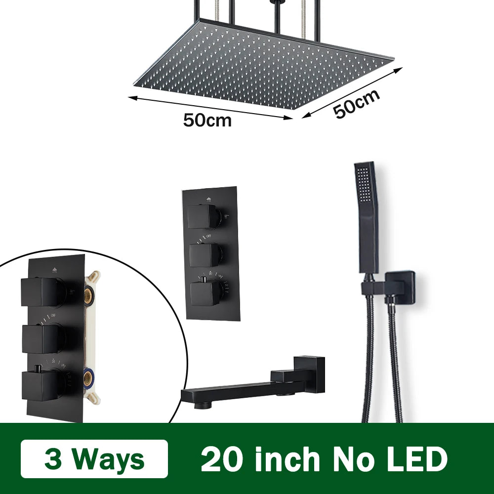 Rozin Brass Thermostatic Shower Faucet Black 40*80cm Ceiling Rainfall Shower Head Mixer Tap Concealed Install Bathroom Faucets