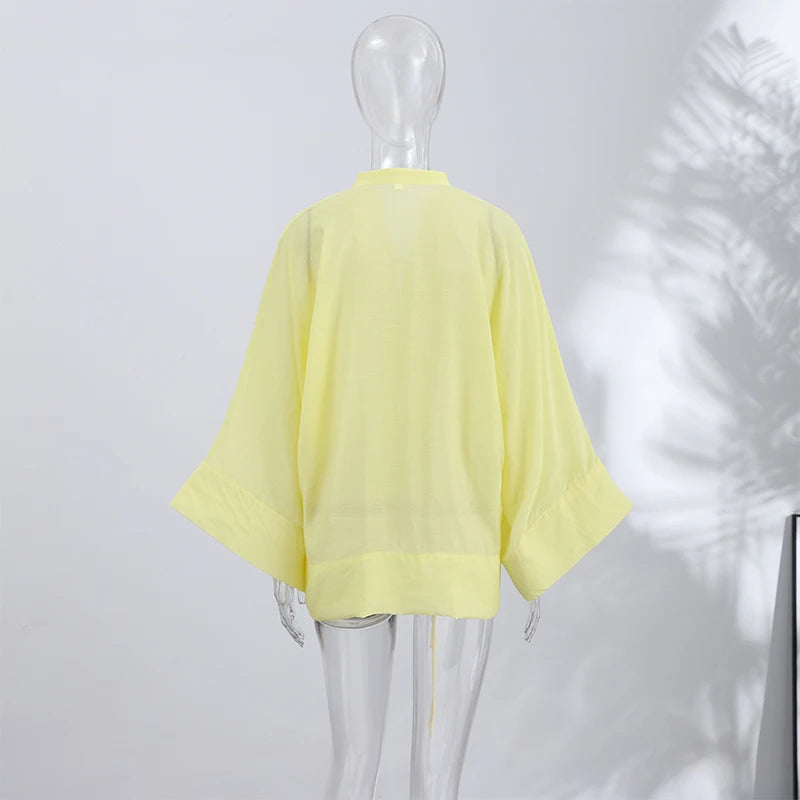 Loose Women's Frog Buttons Mandarin Shirts See Through Stand Collar Full Sleeve Blouses 2026 Summer Lady Cotton Linen Outwear