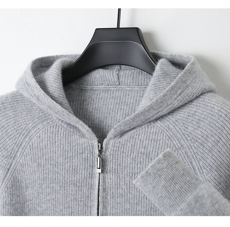 Autumn and Winter 100% Pure Cashmere Cardigan Men's Hoodie Zipper Thick Sweater Loose Plus Size Wool Knitted Sweater Coat
