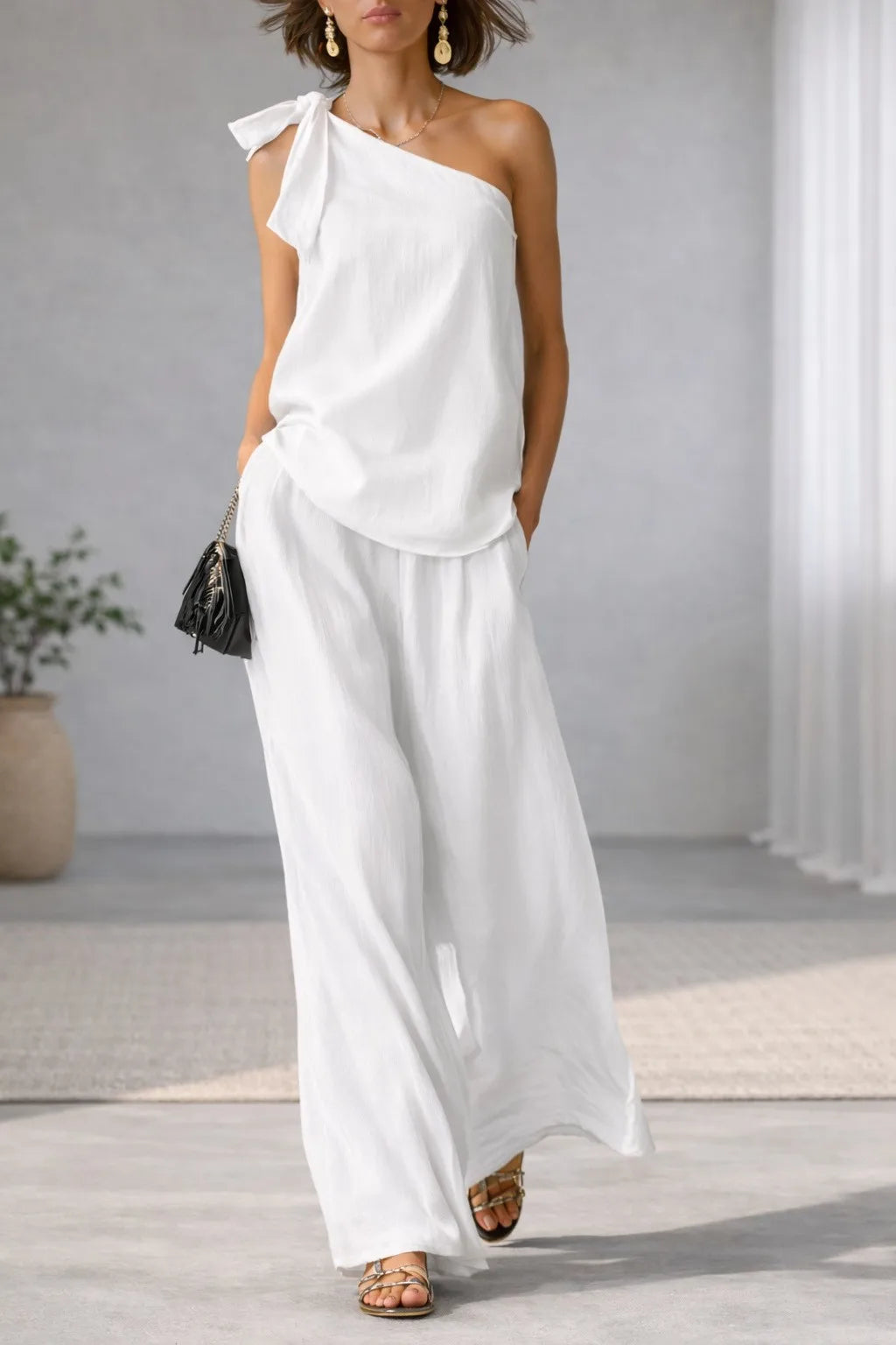 Shoulder Bared Sleeveless Top with Tie Detail And Wide Leg Pants Spring Summer New Style Comfortable Casual Business Commuting