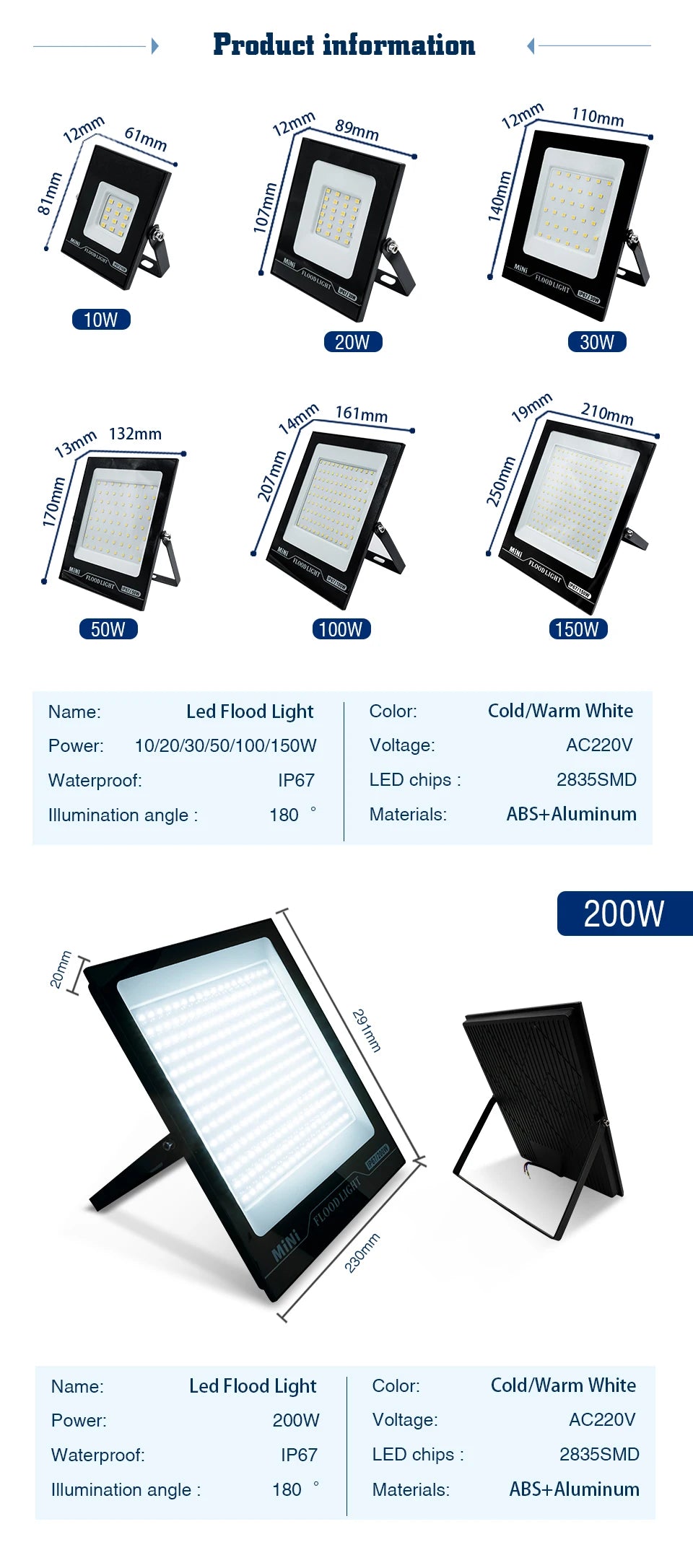 LED Flood Light 220V 10W 20W 30W 50W 100W 150W 200W IP67 Waterproof Outdoor FloodLights for Garage Street Garden Yard Lighting